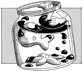 Sketch of oil floating in a glass jar with child's toys